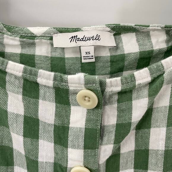 Madewell XS Linen Cotton Square Neck Button Front Top Gingham Check NE168 Green - Picture 5 of 8